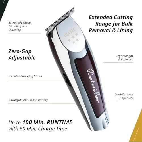 Wahl Professional 5 Star Cordless Detailer Li Trimmer, Chrome & Burgundy | Precision for Barbers & Stylists thumbnail 3