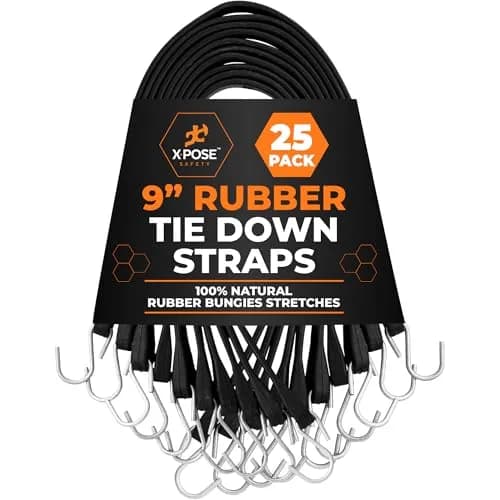 Xpose Safety Black 25 Pack 9 Inch Bungee Cords with Hooks | Heavy-Duty Tie Down Straps - main product image