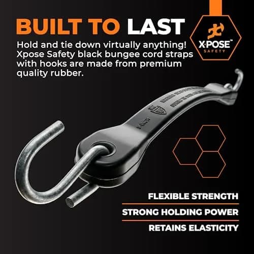 Xpose Safety Black Rubber Bungee Cords with Hooks 10 Pack 41 Inch (104 cm) | Heavy-Duty Tie Down Straps thumbnail 7