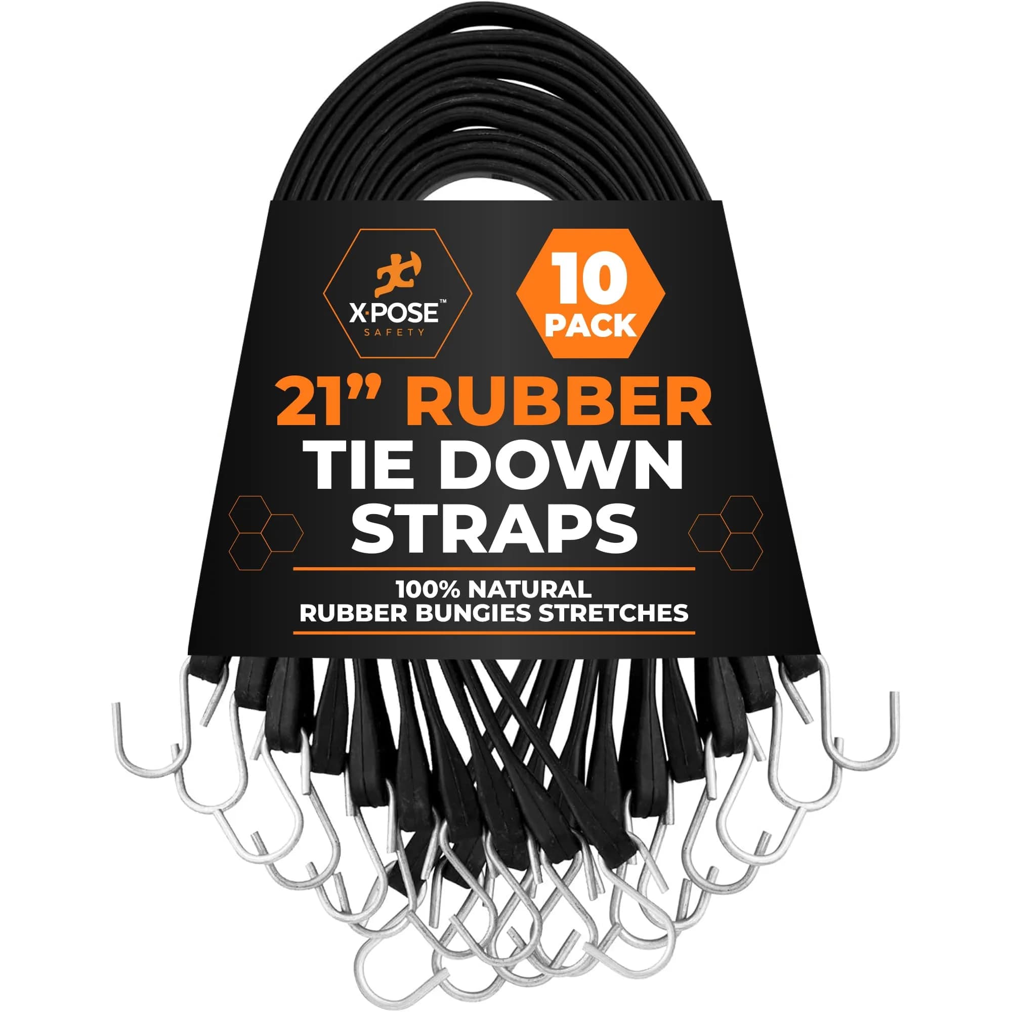 Xpose Safety Black 10 Pack 21 Inch Rubber Bungee Cords with Hooks | Heavy-Duty Tie Down Straps for Cargo & Outdoor Use — 21"