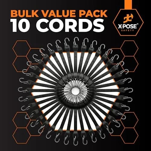 Xpose Safety Black 10 Pack 21 Inch Rubber Bungee Cords with Hooks | Heavy-Duty Tie Down Straps for Cargo & Outdoor Use thumbnail 6
