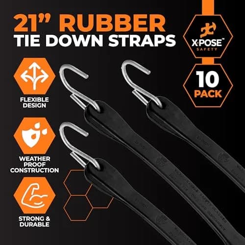 Xpose Safety Black 10 Pack 21 Inch Rubber Bungee Cords with Hooks | Heavy-Duty Tie Down Straps for Cargo & Outdoor Use thumbnail 3