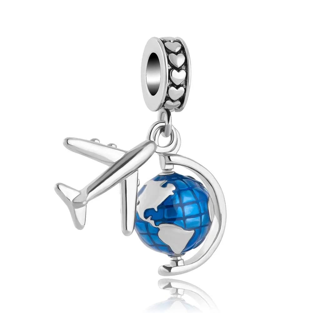 MosBug Charm Beads Pendant for Pandora Bracelets 2.6cm x 0.9cm | Travel & Vacation Globe Enamel — blue
