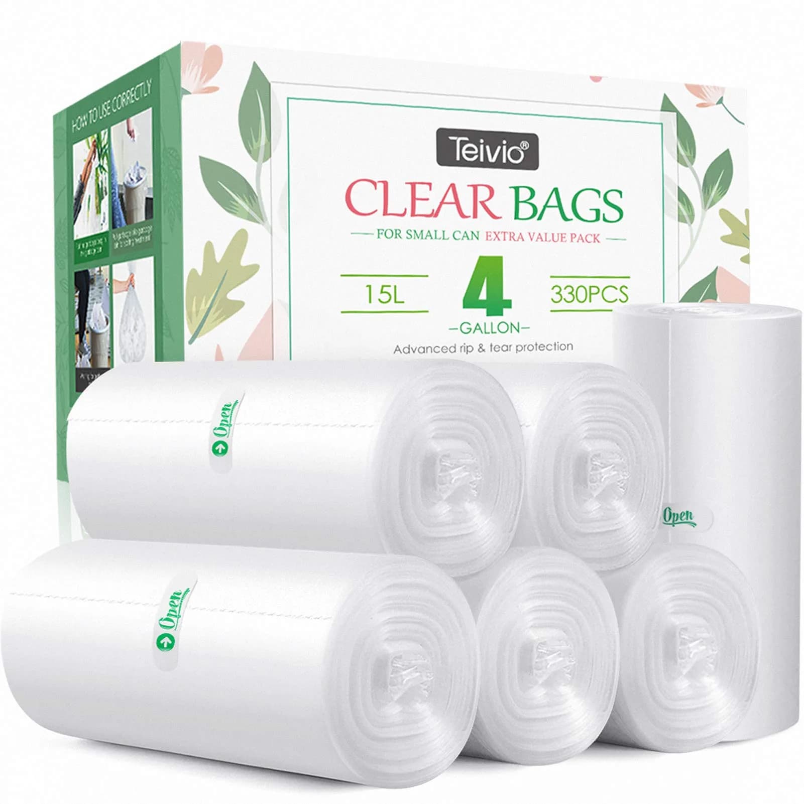 Teivio Small Clear Trash Bags 4 Gallon 330 Count | All-Purpose Bin Liners for Home, Office, Kitchen - main product image