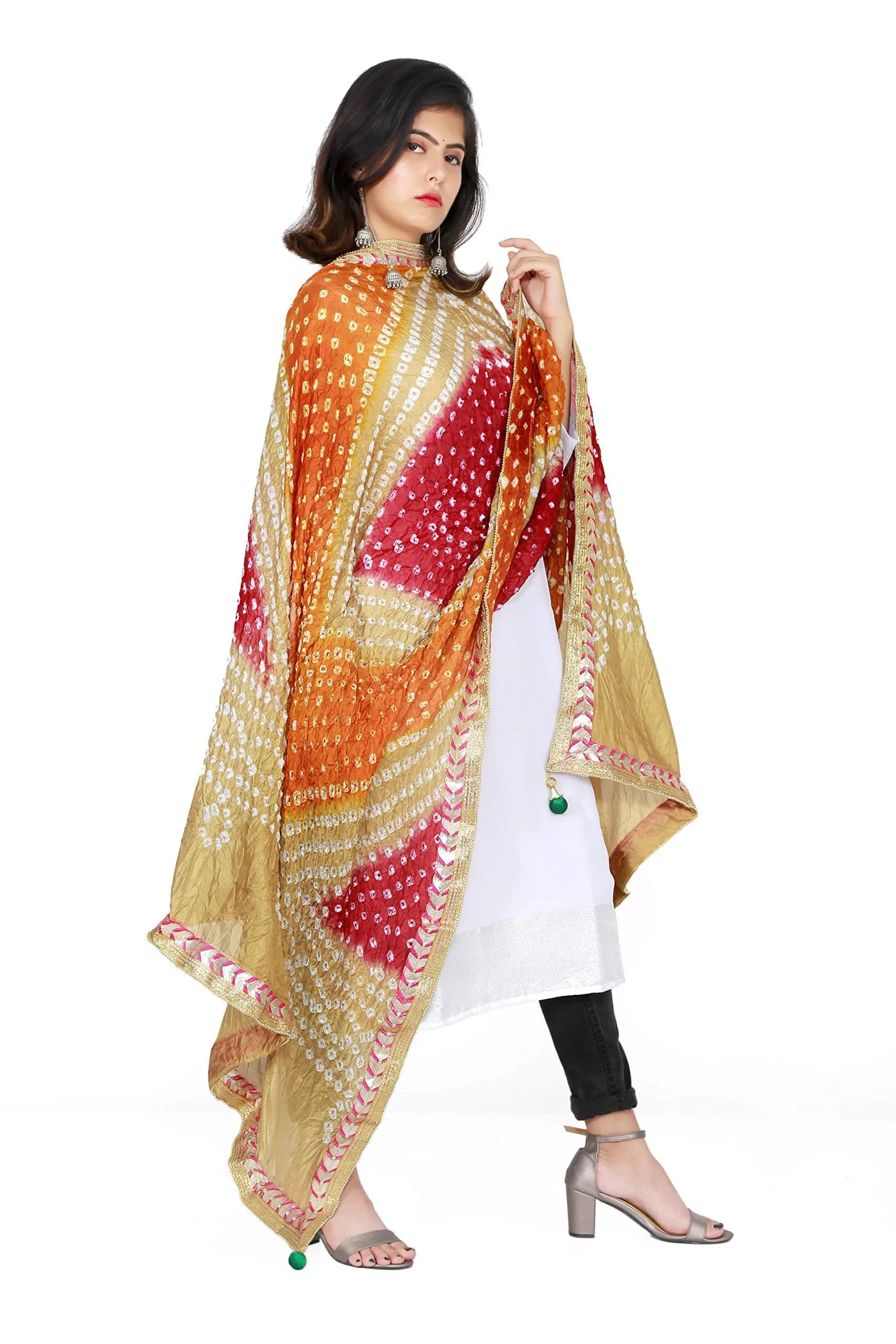 Kalpit Creations Women's Jaipuri Rajasthani Silk Bandhani Dupatta 2.25m | Multicolored Gota Work, Free Size — Skin-orange-mehrun