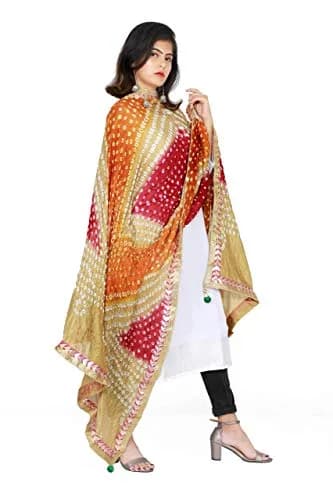 Kalpit Creations Women's Jaipuri Rajasthani Silk Bandhani Dupatta 2.25m | Multicolored Gota Work, Free Size thumbnail 1