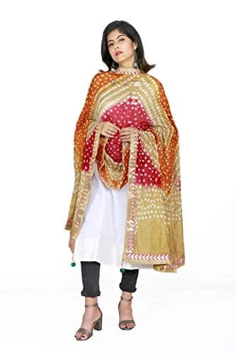 Kalpit Creations Women's Jaipuri Rajasthani Silk Bandhani Dupatta 2.25m | Multicolored Gota Work, Free Size thumbnail 2