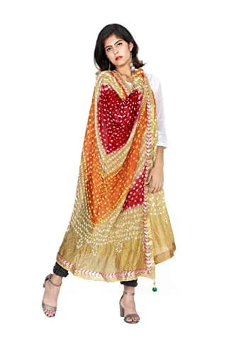 Kalpit Creations Women's Jaipuri Rajasthani Silk Bandhani Dupatta 2.25m | Multicolored Gota Work, Free Size thumbnail 3
