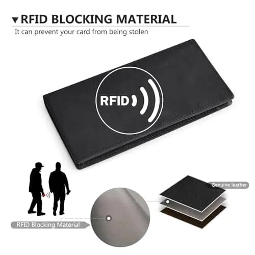 Kattee Men's Vintage Genuine Leather Long Wallet with Gift Box, Black | RFID Blocking Bifold Checkbook Wallet thumbnail 4