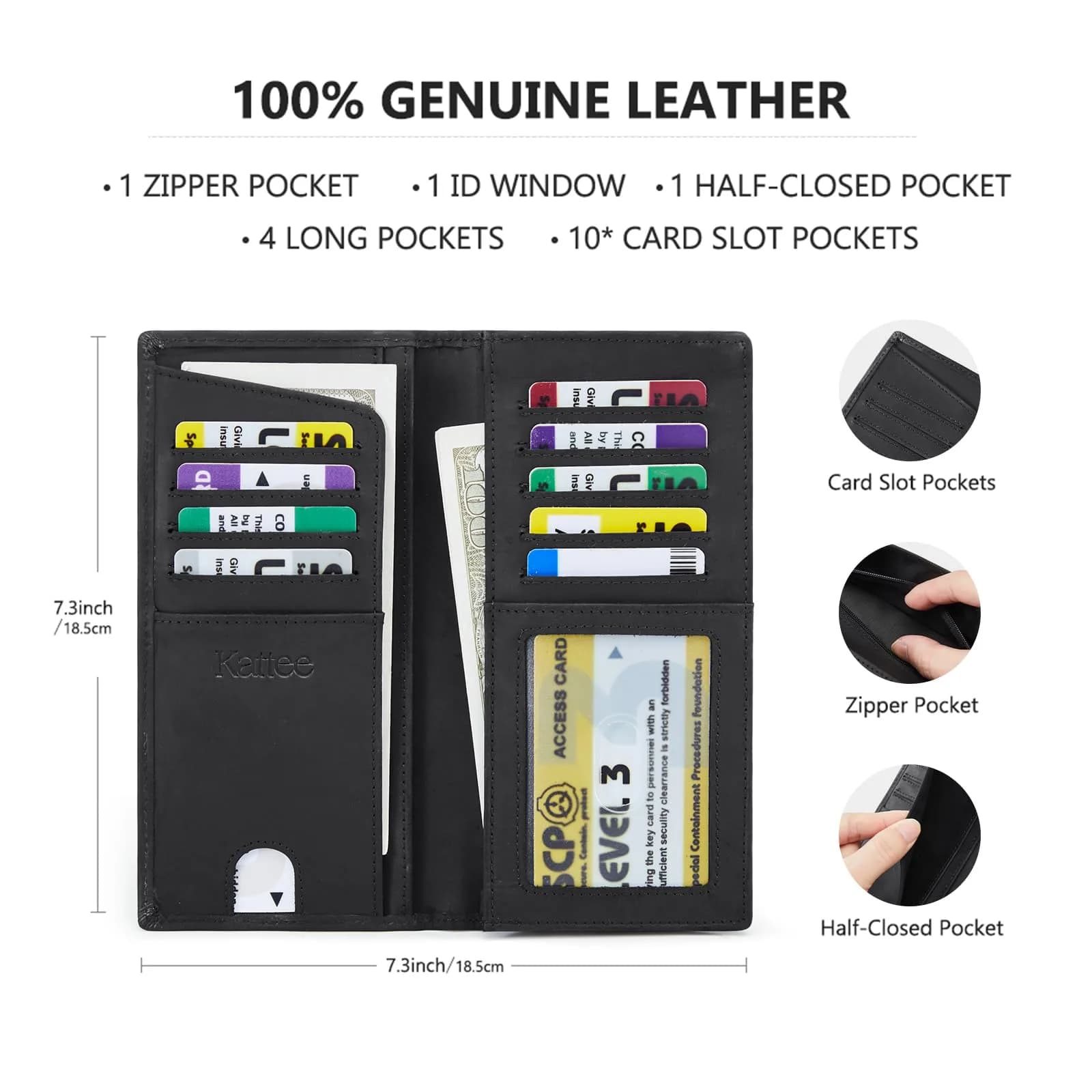 Kattee Men's Vintage Genuine Leather Long Wallet with Gift Box, Black | RFID Blocking Bifold Checkbook Wallet - view 5