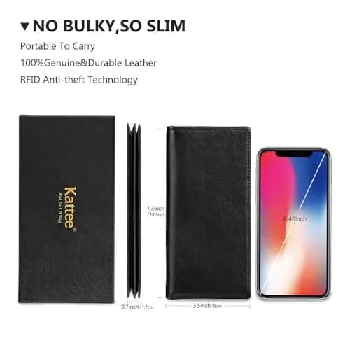 Kattee Men's Vintage Genuine Leather Long Wallet with Gift Box, Black | RFID Blocking Bifold Checkbook Wallet thumbnail 6