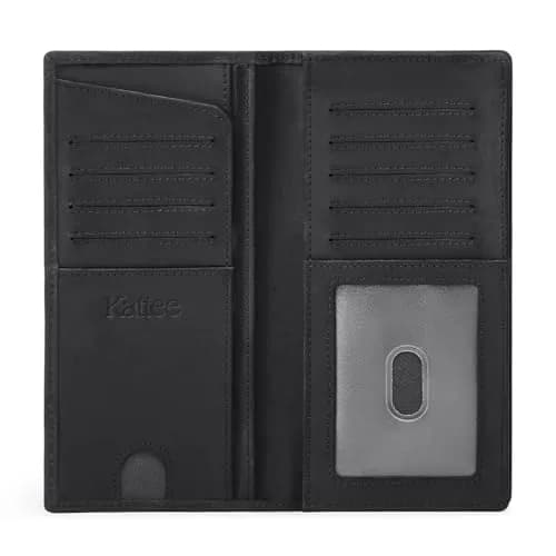 Kattee Men's Vintage Genuine Leather Long Wallet with Gift Box, Black | RFID Blocking Bifold Checkbook Wallet thumbnail 1