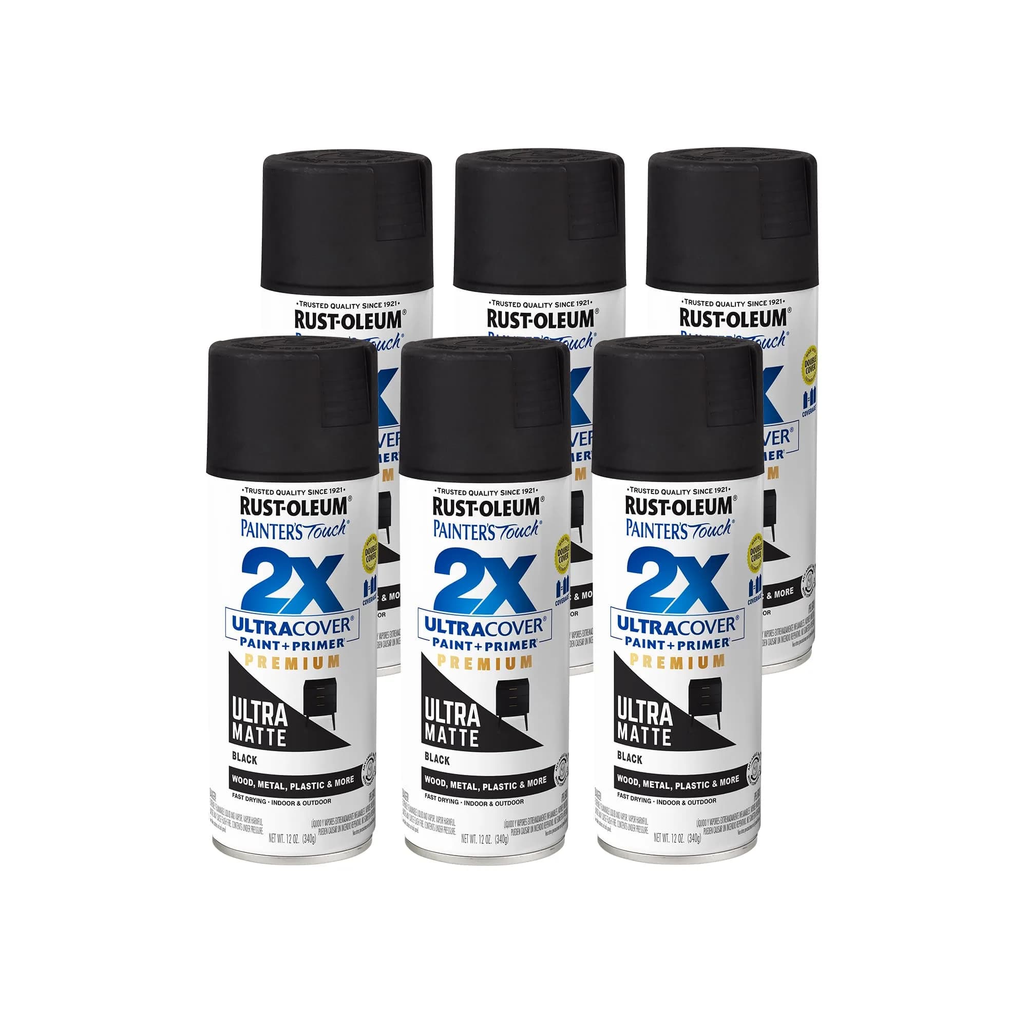 Rust-Oleum Painter's Touch 2X Ultra Cover Spray Paint, Ultra Matte Black, 12 Oz (6 Pack) - main product image