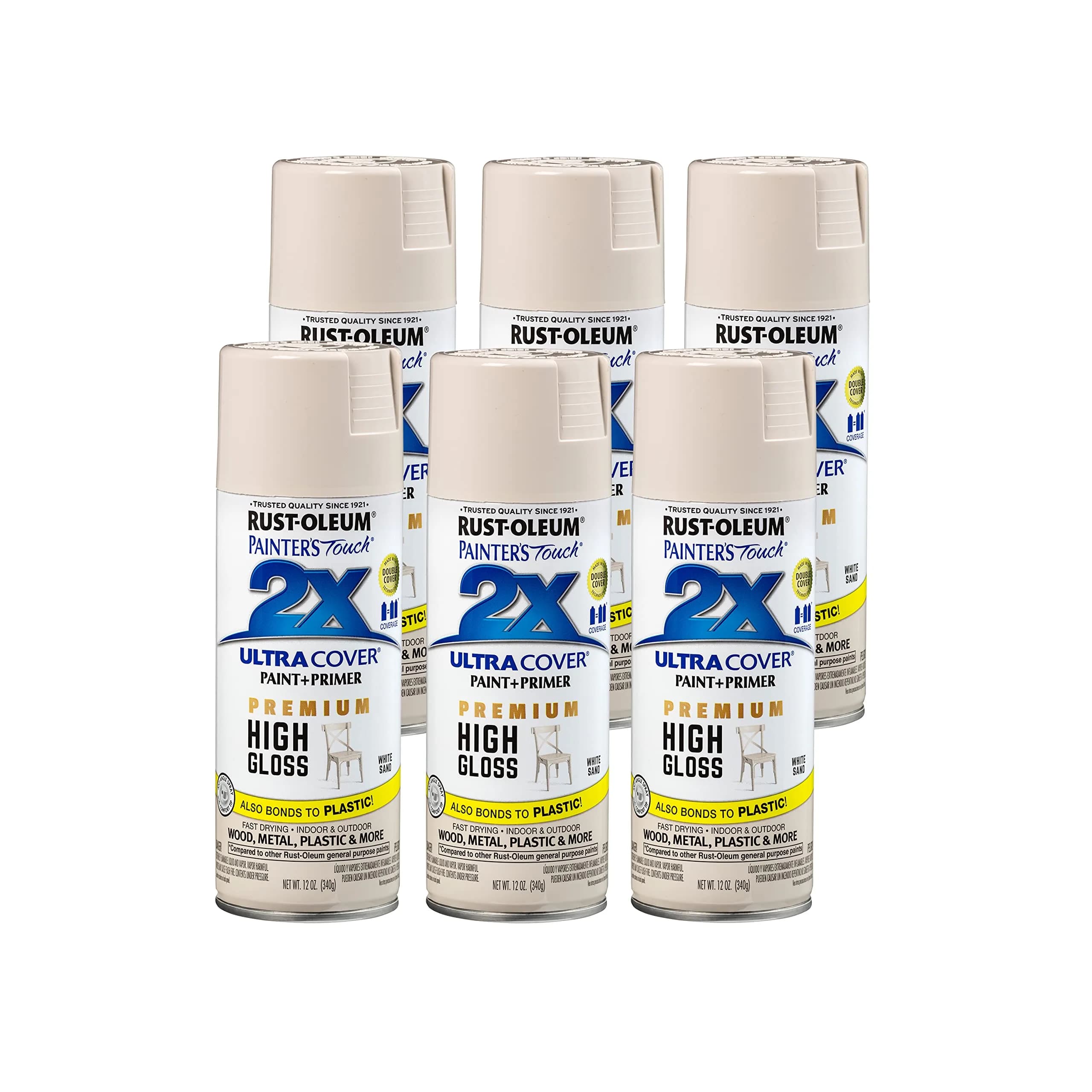 Rust-Oleum Painter's Touch 2X Ultra Cover Spray Paint, High Gloss White Sand, 12 Oz (6 Pack) - main product image
