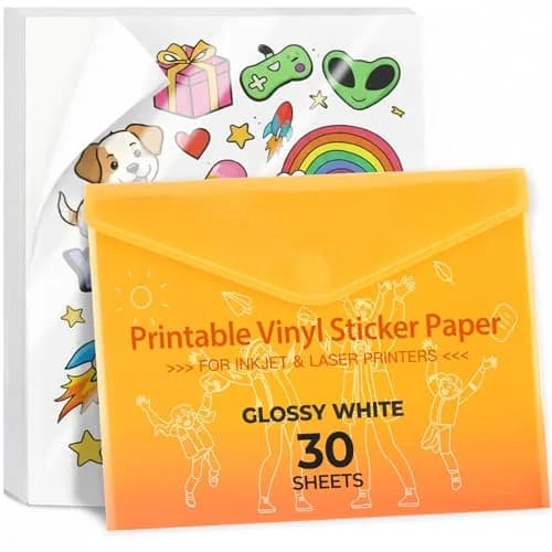 JANDJPACKAGING Printable Vinyl Sticker Paper, Glossy White, 8.5"x11" | Waterproof, Easy Release, Indoor & Outdoor Use thumbnail 1
