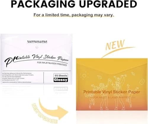 JANDJPACKAGING Printable Vinyl Sticker Paper, Glossy White, 8.5"x11" | Waterproof, Easy Release, Indoor & Outdoor Use thumbnail 8