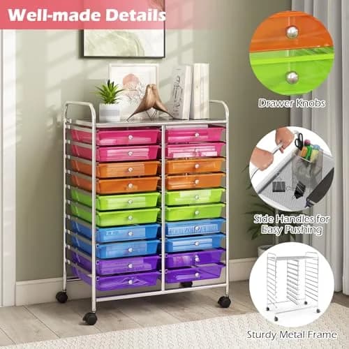 HAPPYGRILL 20-Drawer Organizer Cart Tools Rainbow | Mobile Utility Storage with Lockable Wheels thumbnail 3
