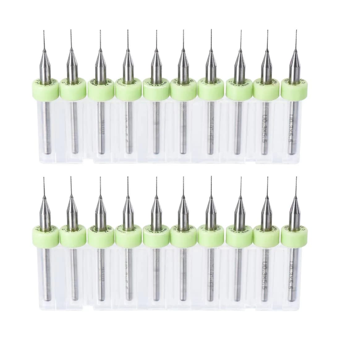 uxcell 0.3mm Tungsten Carbide PCB Drill Bits 38mm (1.5") L, 3mm (1/8") Shank, 20-Piece Set | Precision Micro Drilling for Electronics & Crafts — Green