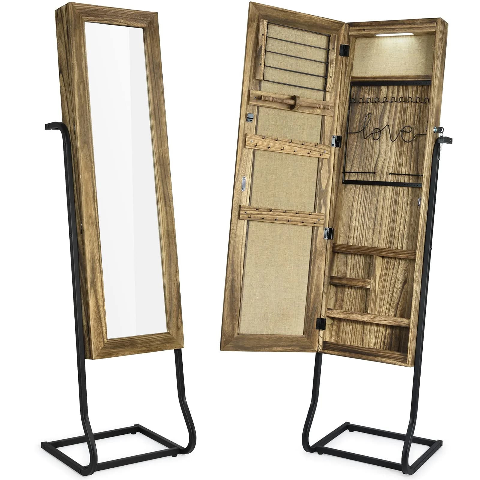 SRIWATANA Jewelry Armoire Cabinet, Solid Wood with Full Length Mirror, Carbonized Black | Vintage Rustic Jewelry Organizer - main product image