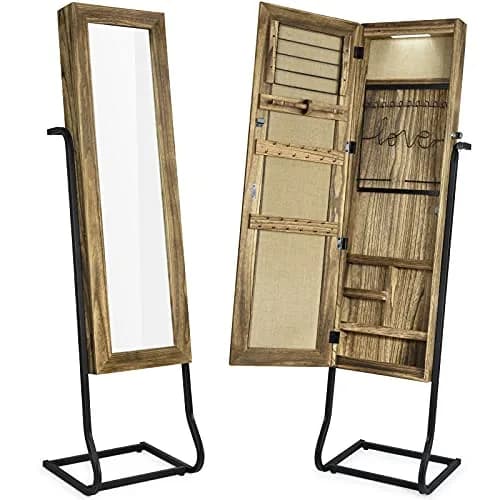 SRIWATANA Jewelry Armoire Cabinet, Solid Wood with Full Length Mirror, Carbonized Black | Vintage Rustic Jewelry Organizer thumbnail 1