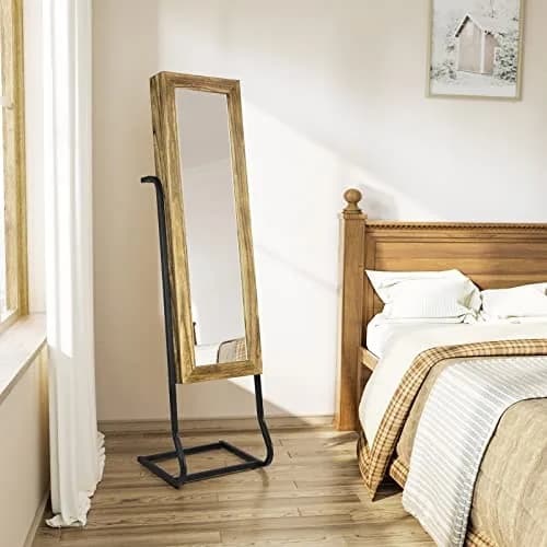 SRIWATANA Jewelry Armoire Cabinet, Solid Wood with Full Length Mirror, Carbonized Black | Vintage Rustic Jewelry Organizer thumbnail 4