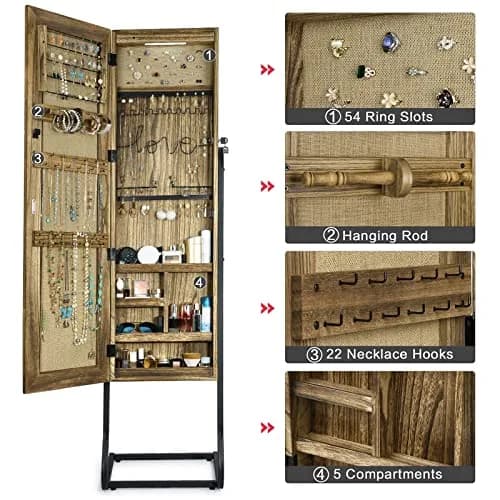 SRIWATANA Jewelry Armoire Cabinet, Solid Wood with Full Length Mirror, Carbonized Black | Vintage Rustic Jewelry Organizer thumbnail 7