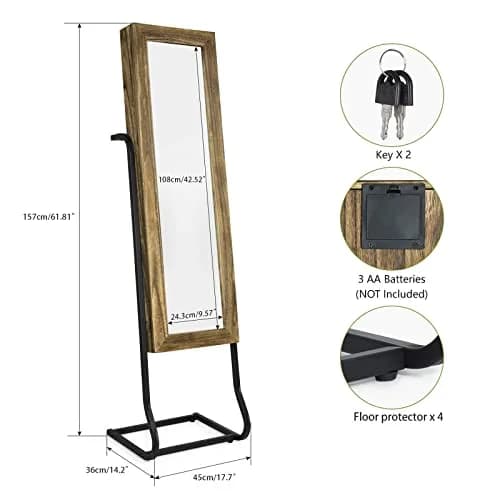 SRIWATANA Jewelry Armoire Cabinet, Solid Wood with Full Length Mirror, Carbonized Black | Vintage Rustic Jewelry Organizer thumbnail 8