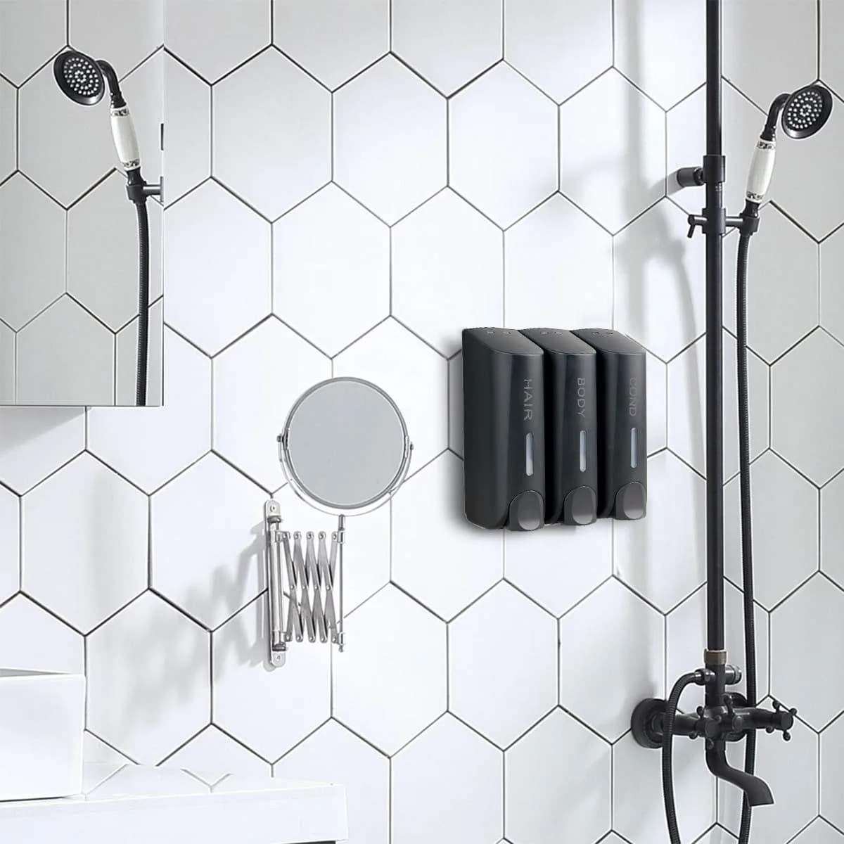 AUMIO Black 3 Chamber Shower Soap Dispenser Set | 350ml Each, Wall Mounted, No Drill - view 7