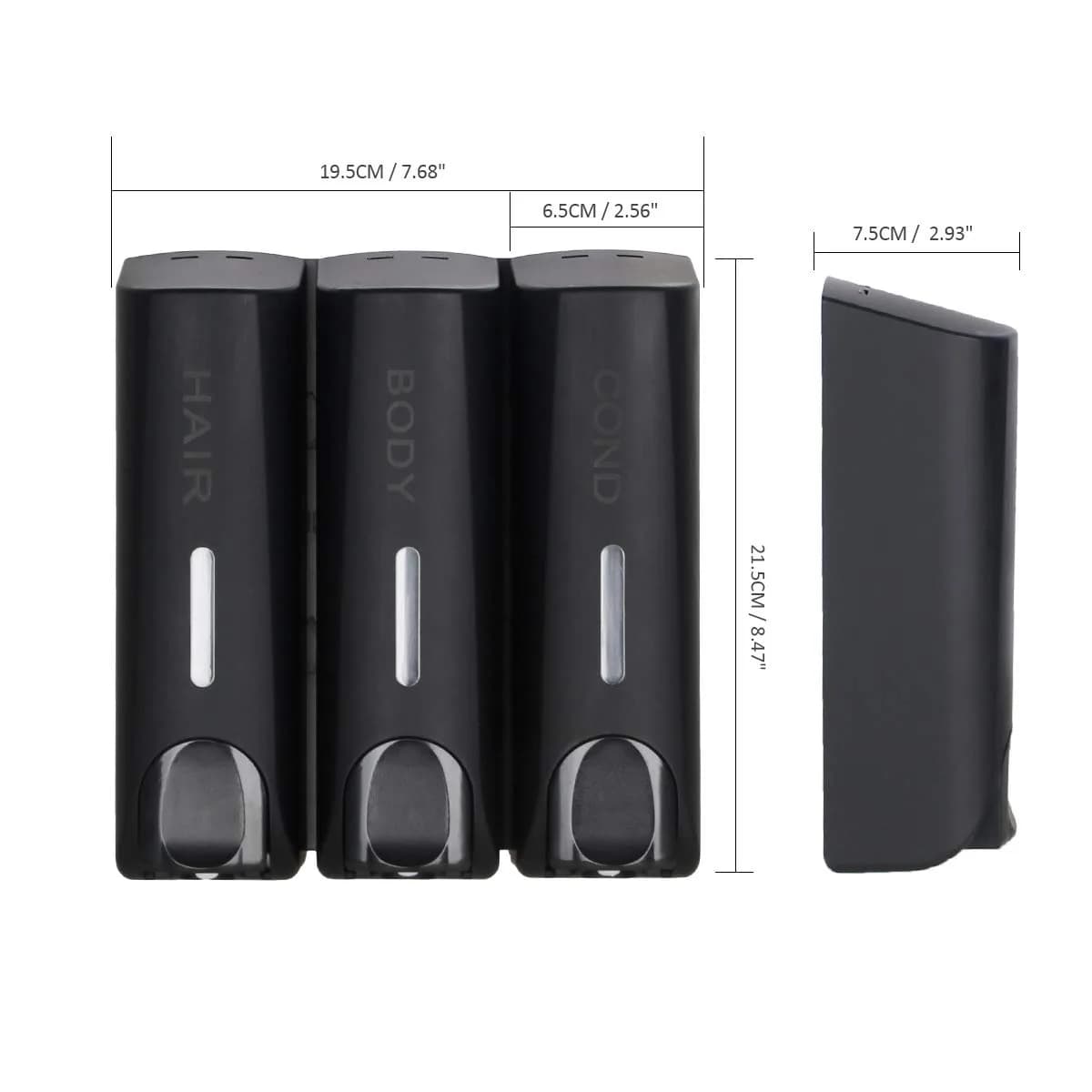 AUMIO Black 3 Chamber Shower Soap Dispenser Set | 350ml Each, Wall Mounted, No Drill - view 2
