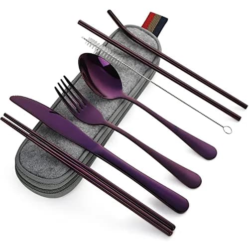 DEVICO Portable Flatware Set 8-Piece | Food-Grade Stainless Steel Camping Utensils in Purple thumbnail 1