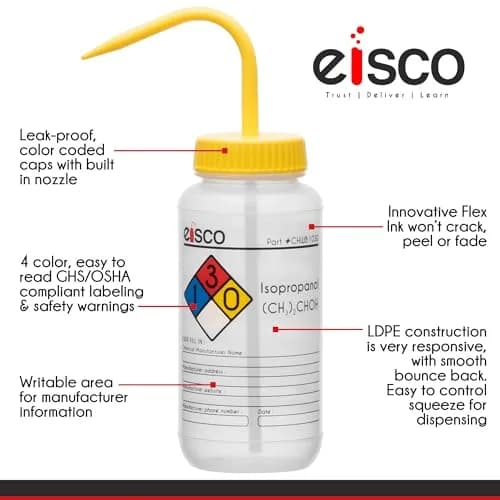 EISCO Isopropanol Wash Bottle 500ml (16.9 oz) with Color-Coded Safety Labels | GHS Compliant Lab Squeeze Bottle thumbnail 4