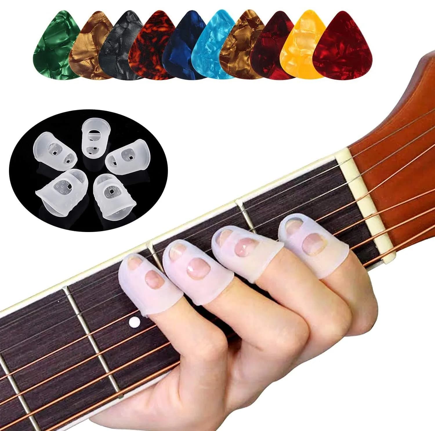 AUGSUN Silicone Guitar Fingertip Protectors & Celluloid Picks | 40 Protectors (5 Sizes) + 10 Picks - main product image