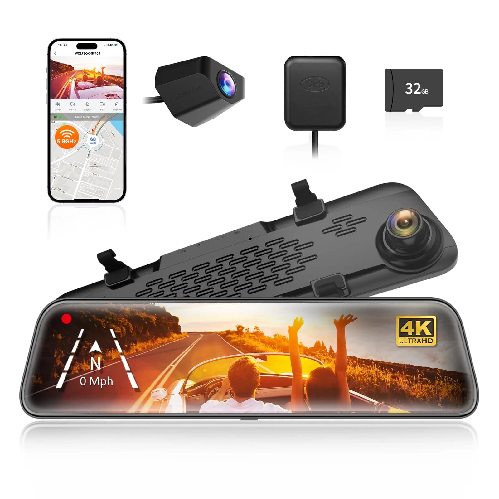 WOLFBOX G840S 12" 4K Mirror Dash Cam with GPS & 32GB Card | Night Vision, Dual Recording, Parking Monitor
