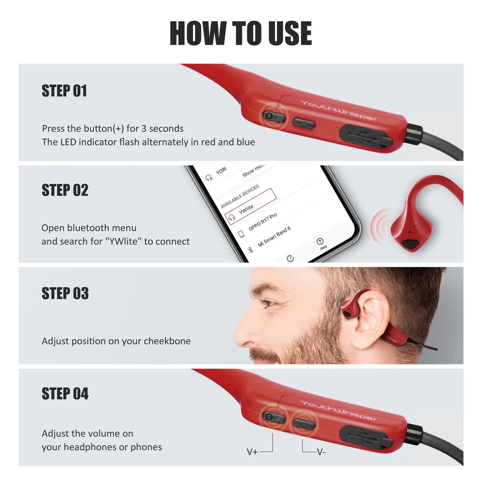 YouthWhisper Bone Conduction Headphones Bluetooth - Open-Ear Red | 28g (0.99oz) - view 3