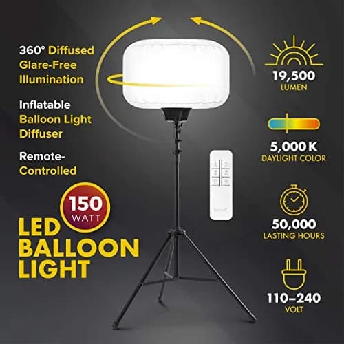 SeeDevil 150 Watt LED Balloon Light Kit | 19,500 Lumens, 6.5 Ft Tripod, Dimmable, Indoor/Outdoor, Portable thumbnail 2