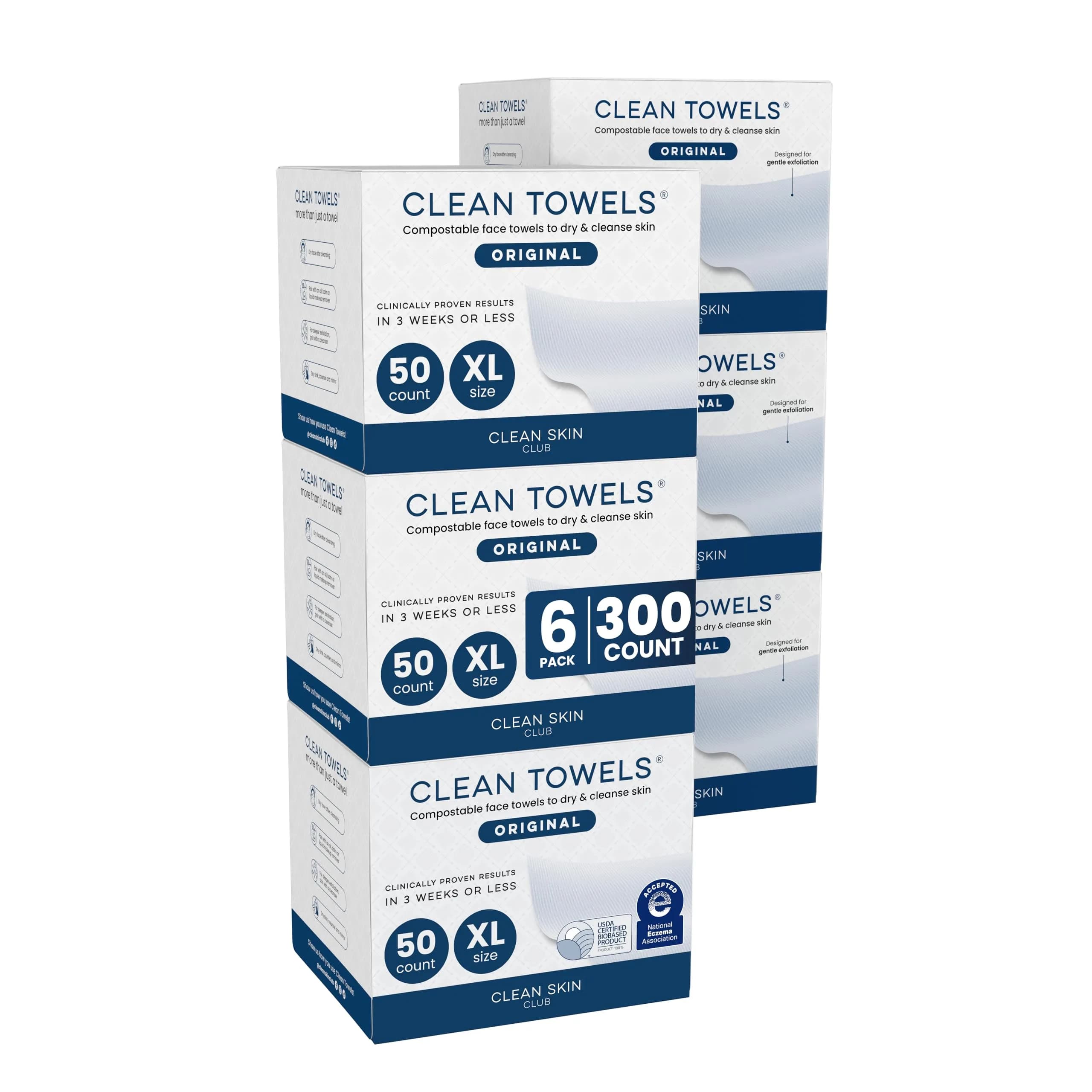 Clean Skin Club Clean Towels XL® Disposable Face Towelettes, 300 Ct Total | USDA Biobased Makeup Remover Dry Wipes - main product image