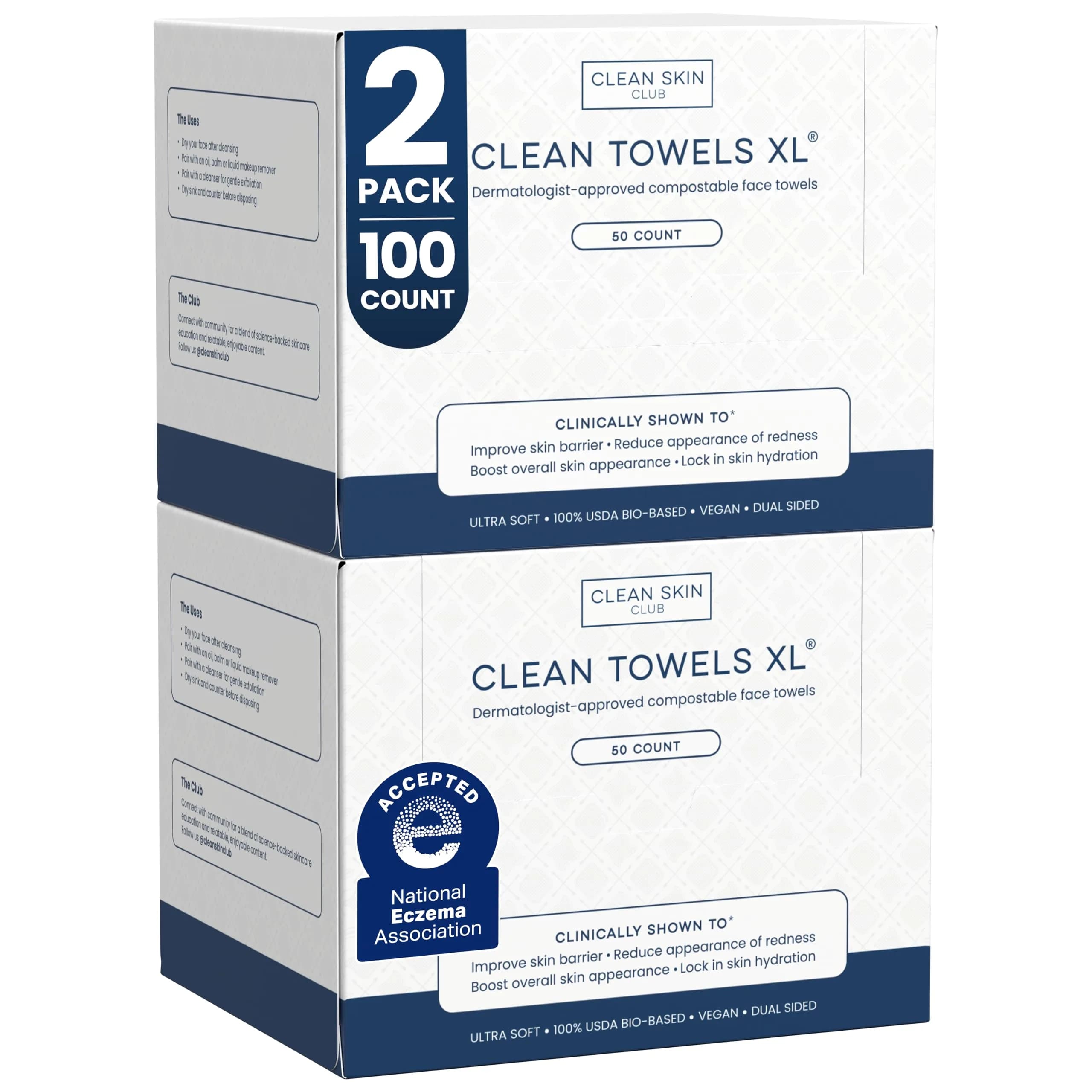 Clean Skin Club Clean Towels XL® 100 Count (Pack of 2) | USDA Biobased Disposable Face Towels
