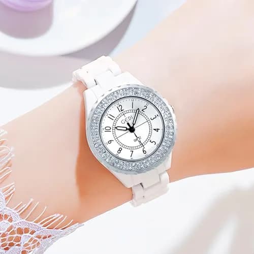 MASTOP Women's Quartz Watch 36mm White Ceramic Bracelet Water-Resistant thumbnail 2