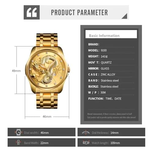 Gosasa Men Luxury Gold Chinese Dragon Carved Dial Diamond Quartz Watch Waterproof 46mm thumbnail 5