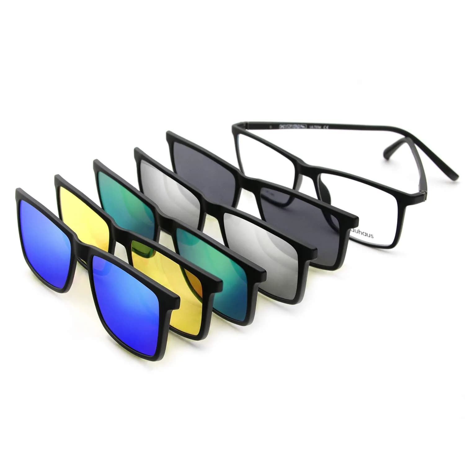 Bauhaus Magnetic Clip-On Sunglasses 5-in-1 Set | Polarized UV Retro Square Eyeglasses Fit Over — C1