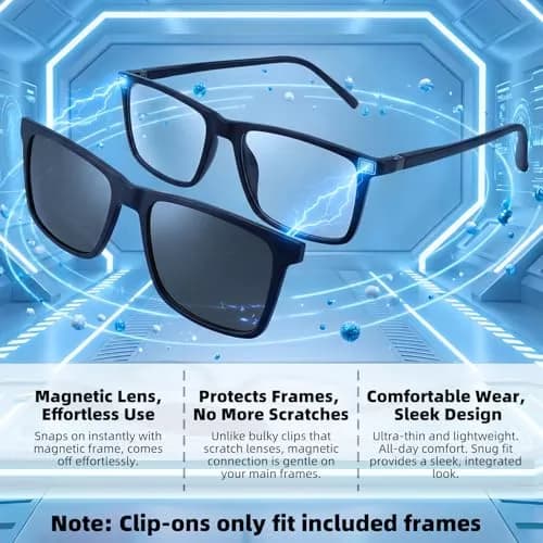 Bauhaus Magnetic Clip-On Sunglasses 5-in-1 Set | Polarized UV Retro Square Eyeglasses Fit Over thumbnail 2