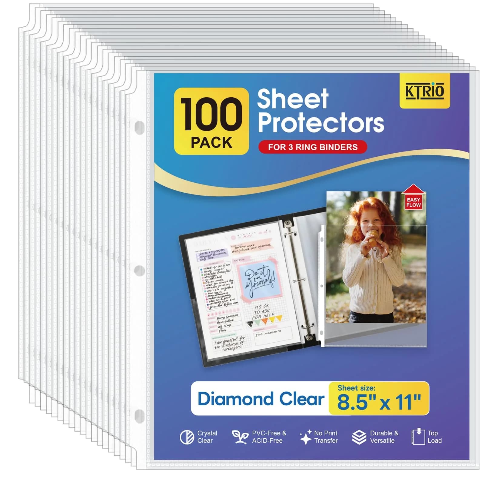 KTRIO Sheet Protectors 8.5 x 11 Inch, 100 Pack | Clear Polypropylene for 3-Ring Binders - main product image