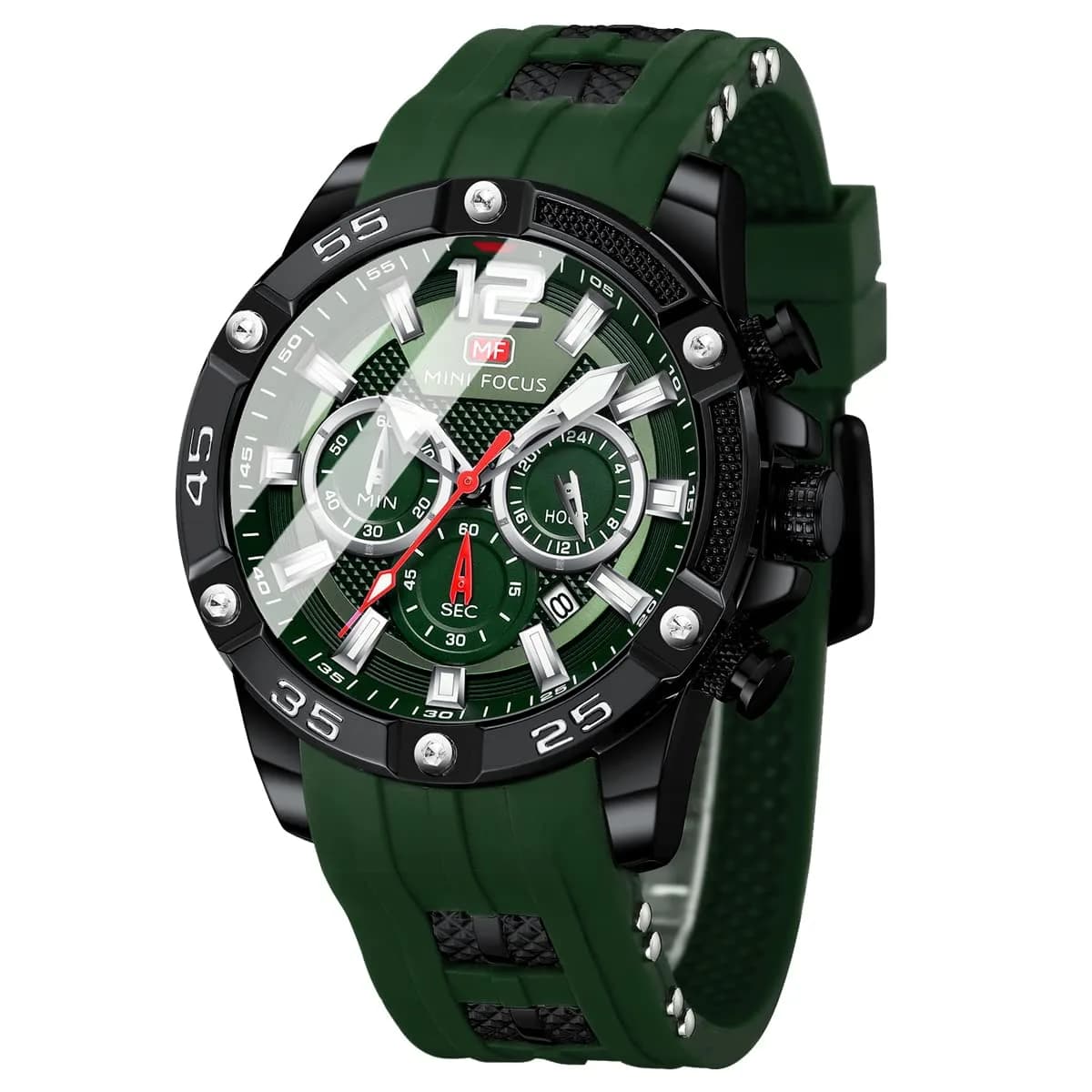 MF MINI FOCUS Men's Chronograph Watch with Red Silicone Strap | Japanese Quartz Movement — D-green