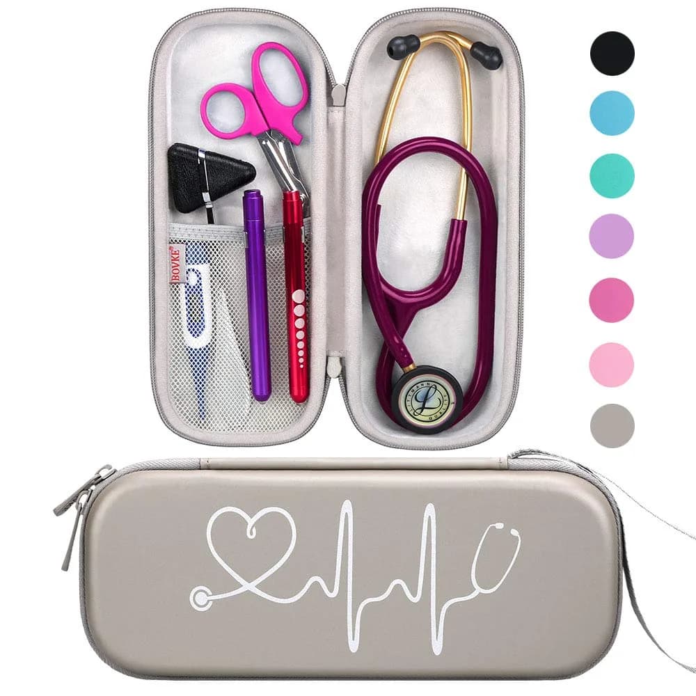 BOVKE Travel Carrying Case Compatible with 3M Littmann Classic III, Lightweight II S.E, MDF Acoustica Deluxe Stethoscopes – Extra Room for Accessories, Grey | Portable & Durable — Pu Leather_Grey