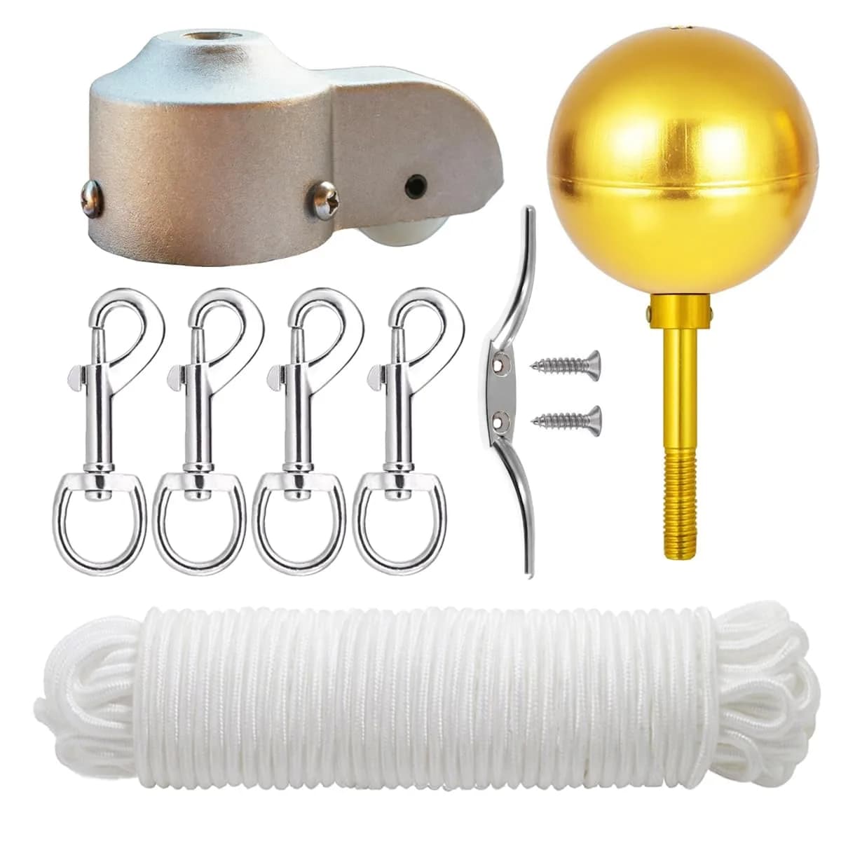 EKEV Flag Pole Repair Kit with Gold Ball, 50ft Rope & Cleat for 2.5" OD Tube | Outdoor Decor for Homes & Businesses - main product image