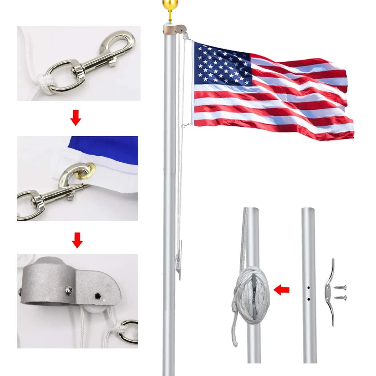 EKEV Flag Pole Repair Kit with Gold Ball, 50ft Rope & Cleat for 2.5" OD Tube | Outdoor Decor for Homes & Businesses - view 2