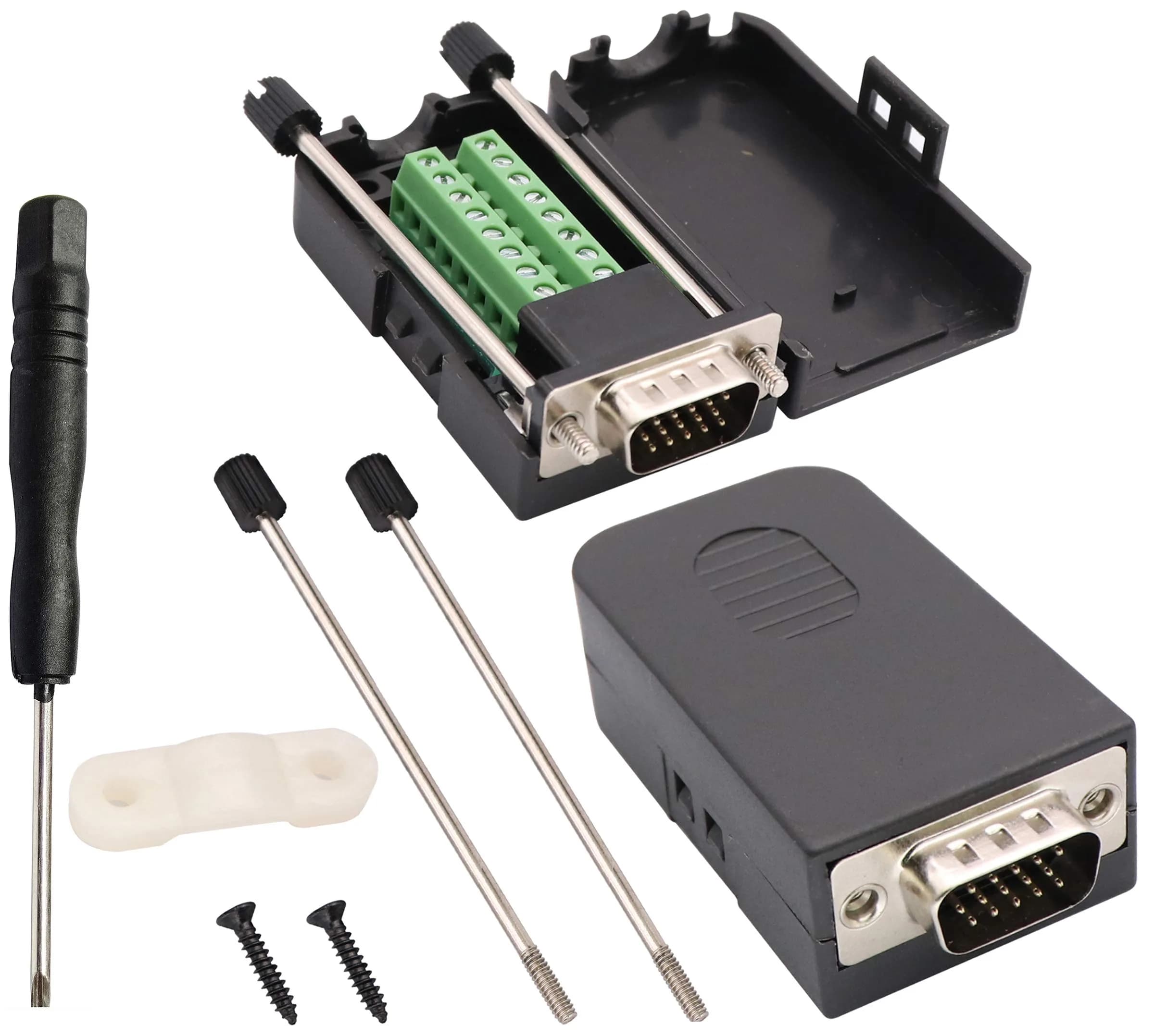 AAOTOKK VGA Screw Terminal Block Adapter DB15 Male to 16-Pin Female Connector with Case (2-Pack, Black) | Connects VGA to Screw Terminals — Male