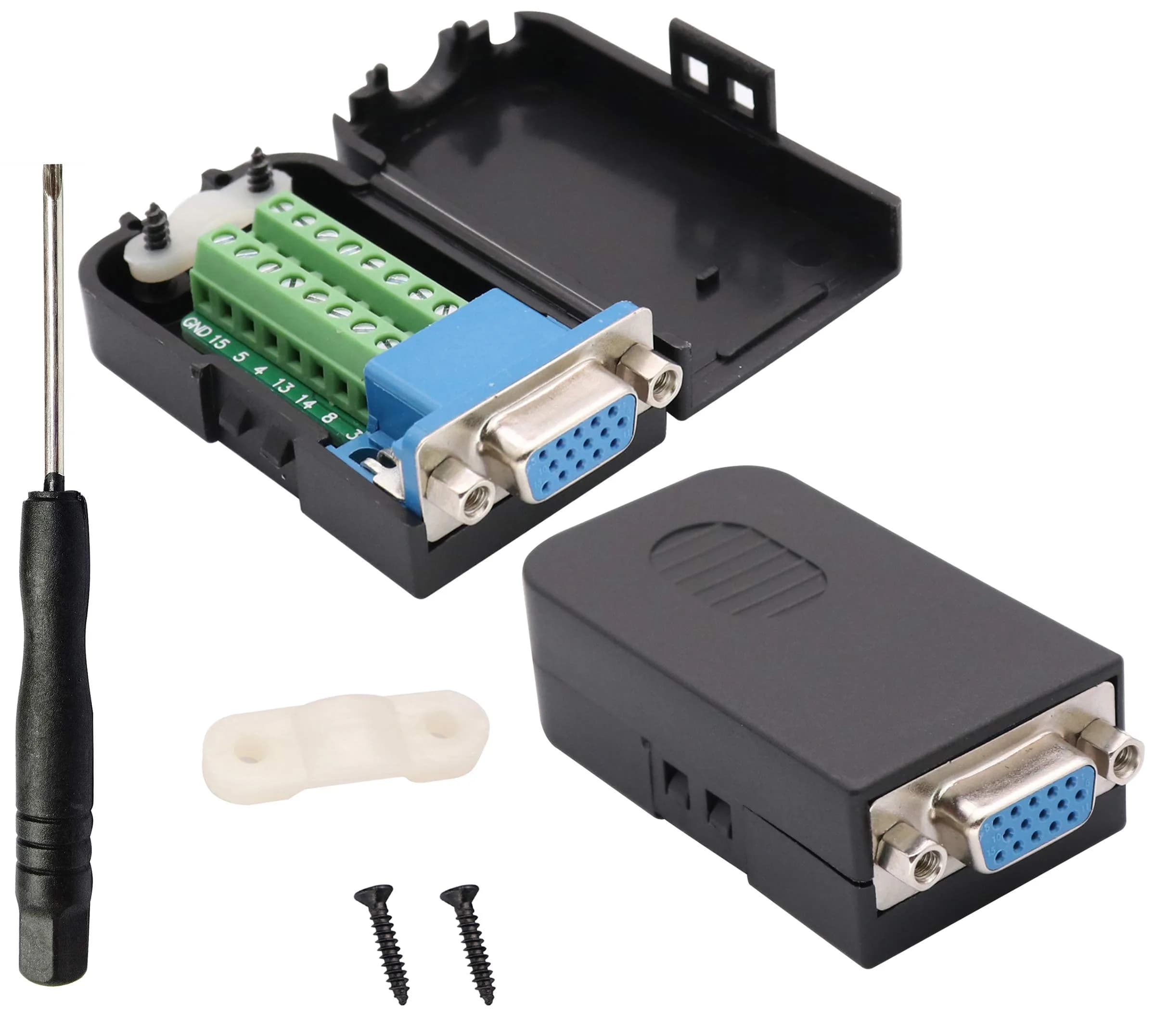 AAOTOKK VGA Screw Terminal Block Adapter DB15 Male to 16-Pin Female Connector with Case (2-Pack, Black) | Connects VGA to Screw Terminals — Female