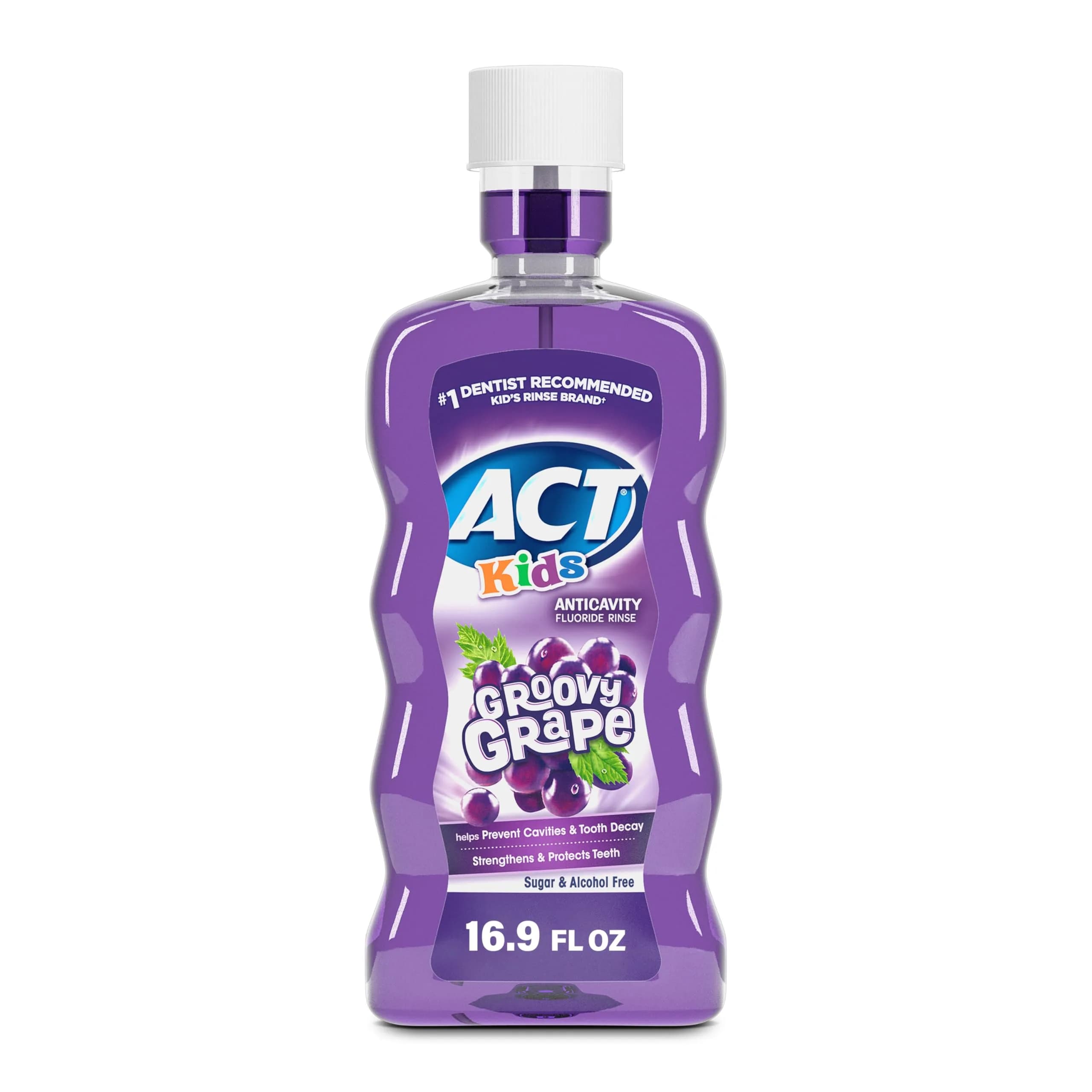 ACT Kids Anticavity Fluoride Rinse Groovy Grape 16.9 fl. oz. | Alcohol-Free Kids Mouthwash with Accurate Dosing Cup