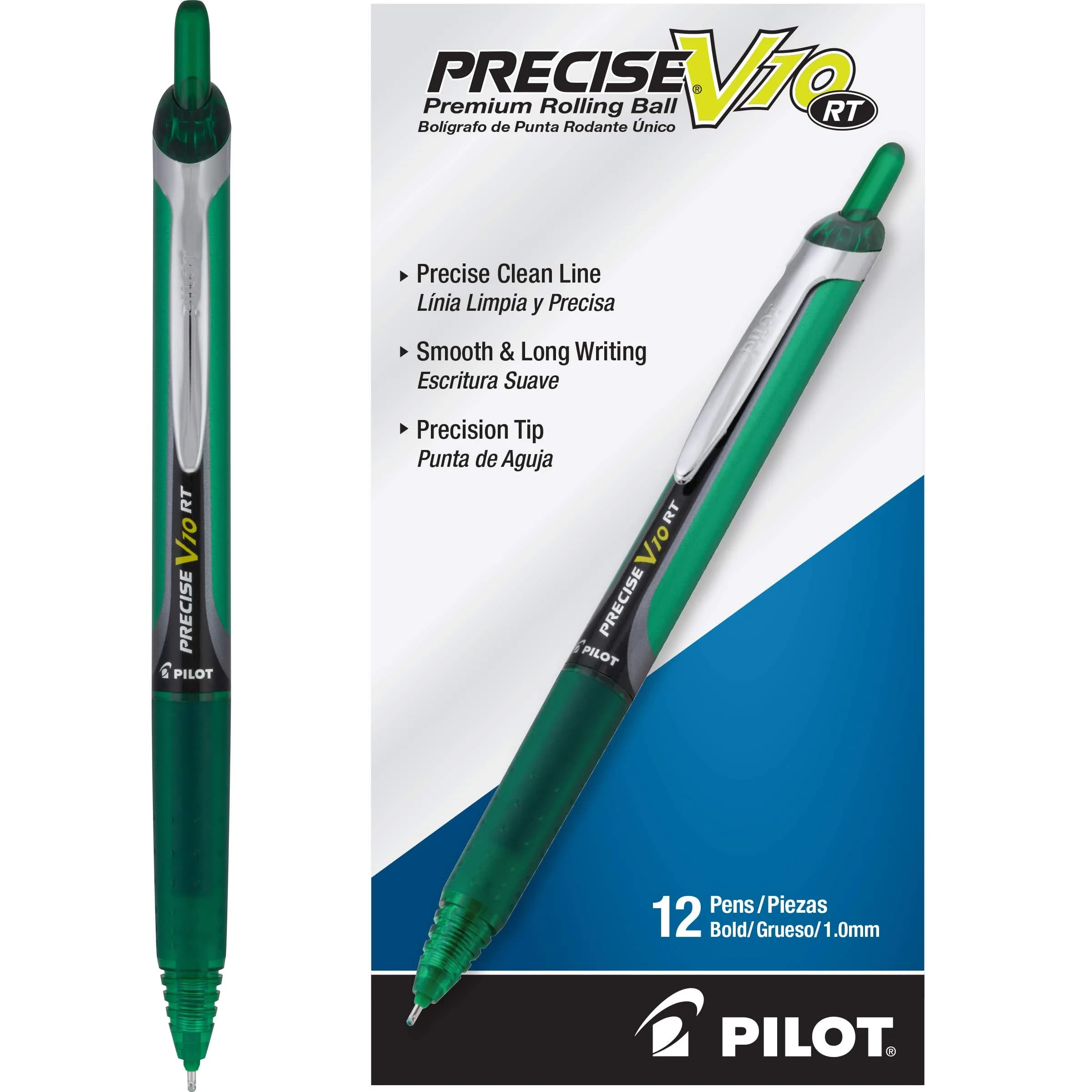 PILOT Precise V10 RT Retractable Ball Pens, 1.0mm Bold Point, Green, 12-Pack | Smooth Writing Liquid Ink — Green